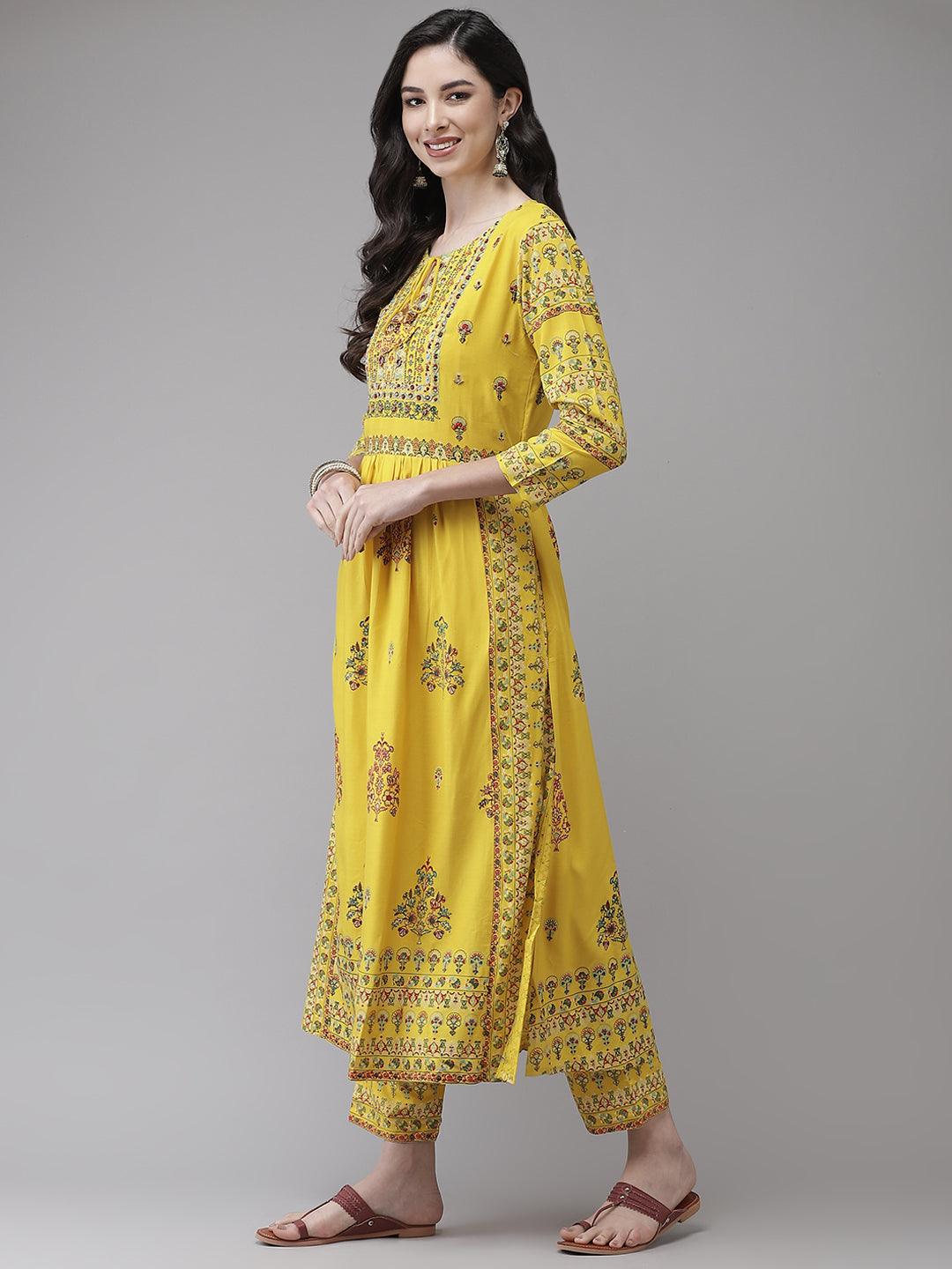 Women's Viscose Rayon Yellow Embroidered A-Line Kurta Trouser Dupatta Set - Ishin - Indiakreations