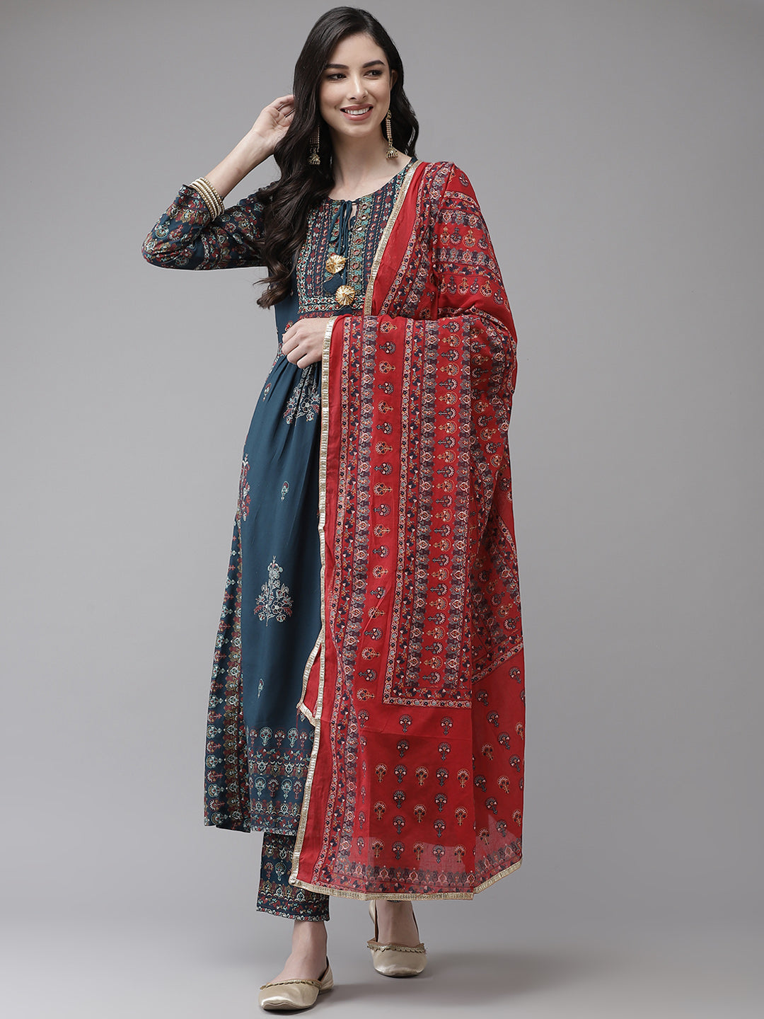 Women's Viscose Rayon Teal Embroidered A-Line Kurta Trouser Dupatta Set - Ishin