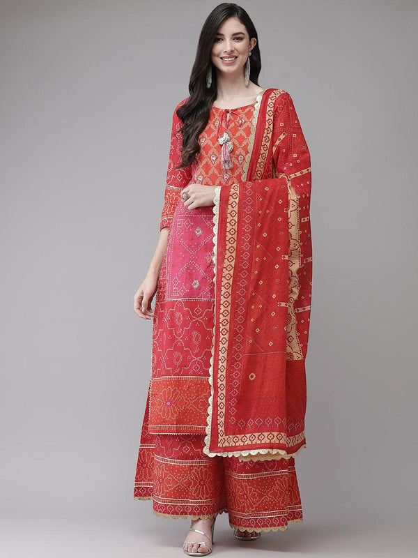 Women's Cotton A-Line suit with Sharara & Dupatta Set by Ishin- (3pcs set) - Indiakreations