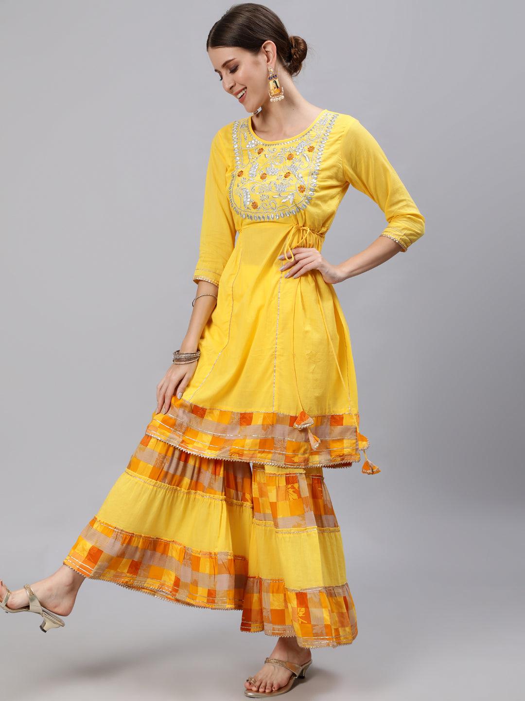 Women's Yellow Anarkali suit With Sharara & Dupatta by Ishin- (3pcs set) - Indiakreations