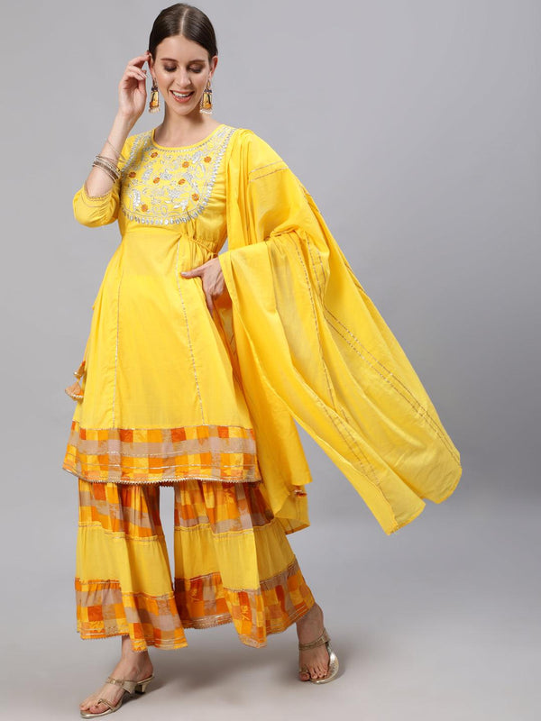 Women's Yellow Anarkali suit With Sharara & Dupatta by Ishin- (3pcs set) - Indiakreations