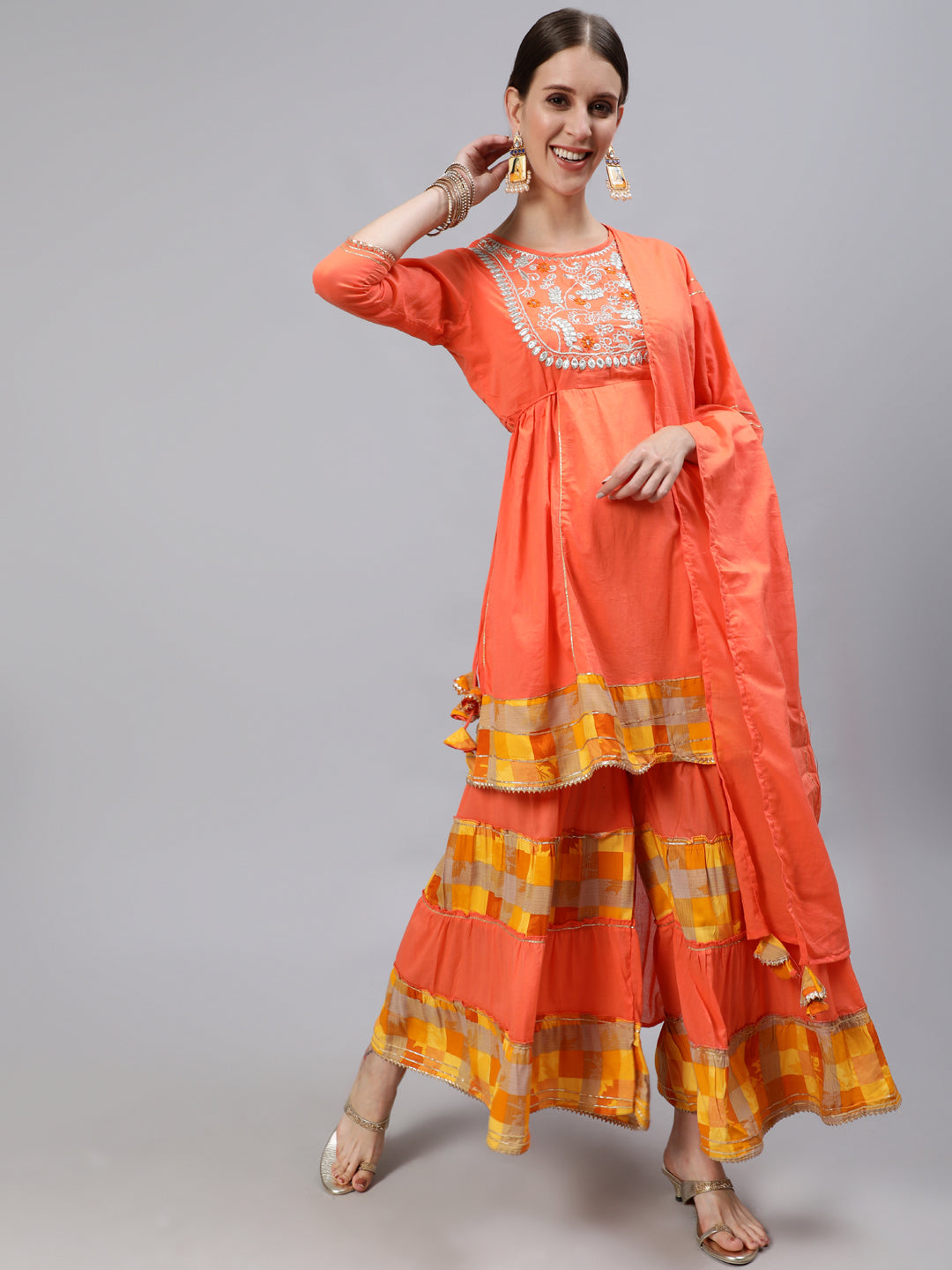 Women's Orange Yoke Embroidered Kurta With Sharara & Dupatta - Ishin