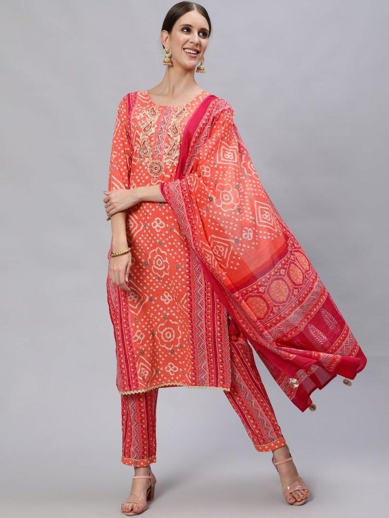 Women's Cotton Orange & Pink Embroidered A-Line Kurta Trouser Dupatta Set - Ishin - Indiakreations