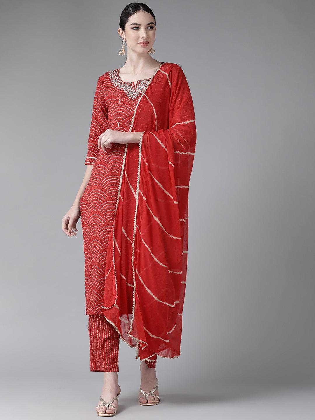 Women's Cotton Blend Red Embroidered A-Line Kurta Trouser Dupatta Set - Ishin - Indiakreations