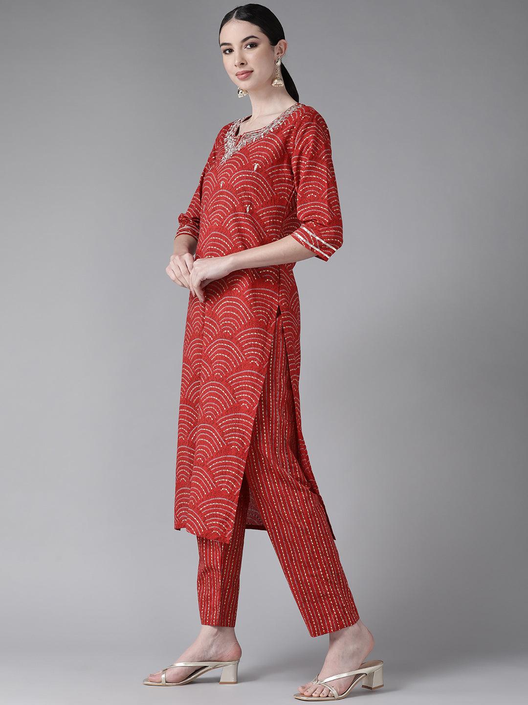 Women's Cotton Blend Red Embroidered A-Line Kurta Trouser Dupatta Set - Ishin - Indiakreations