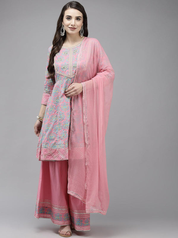 Women's Cotton Blend Pink Embroidered Peplum Kurta Sharara Dupatta Set - Ishin - Indiakreations