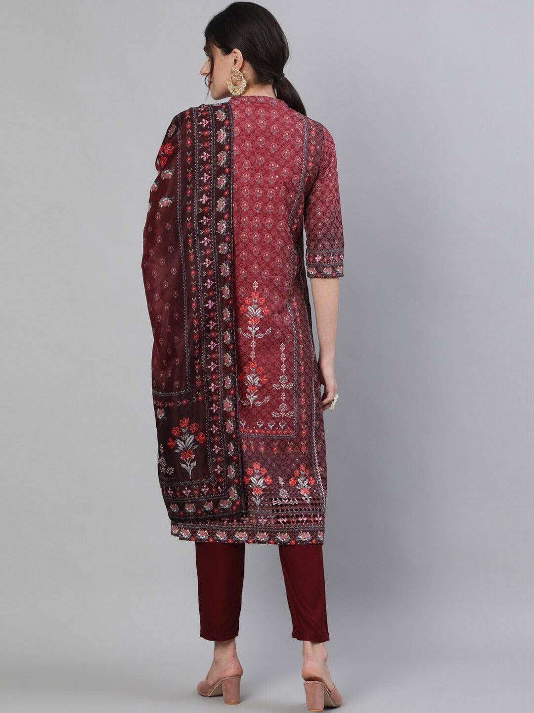 Women's Cotton Maroon Schiffli Embroidered A-Line Kurta, Trouser And Dupatta Set - Ishin - Indiakreations