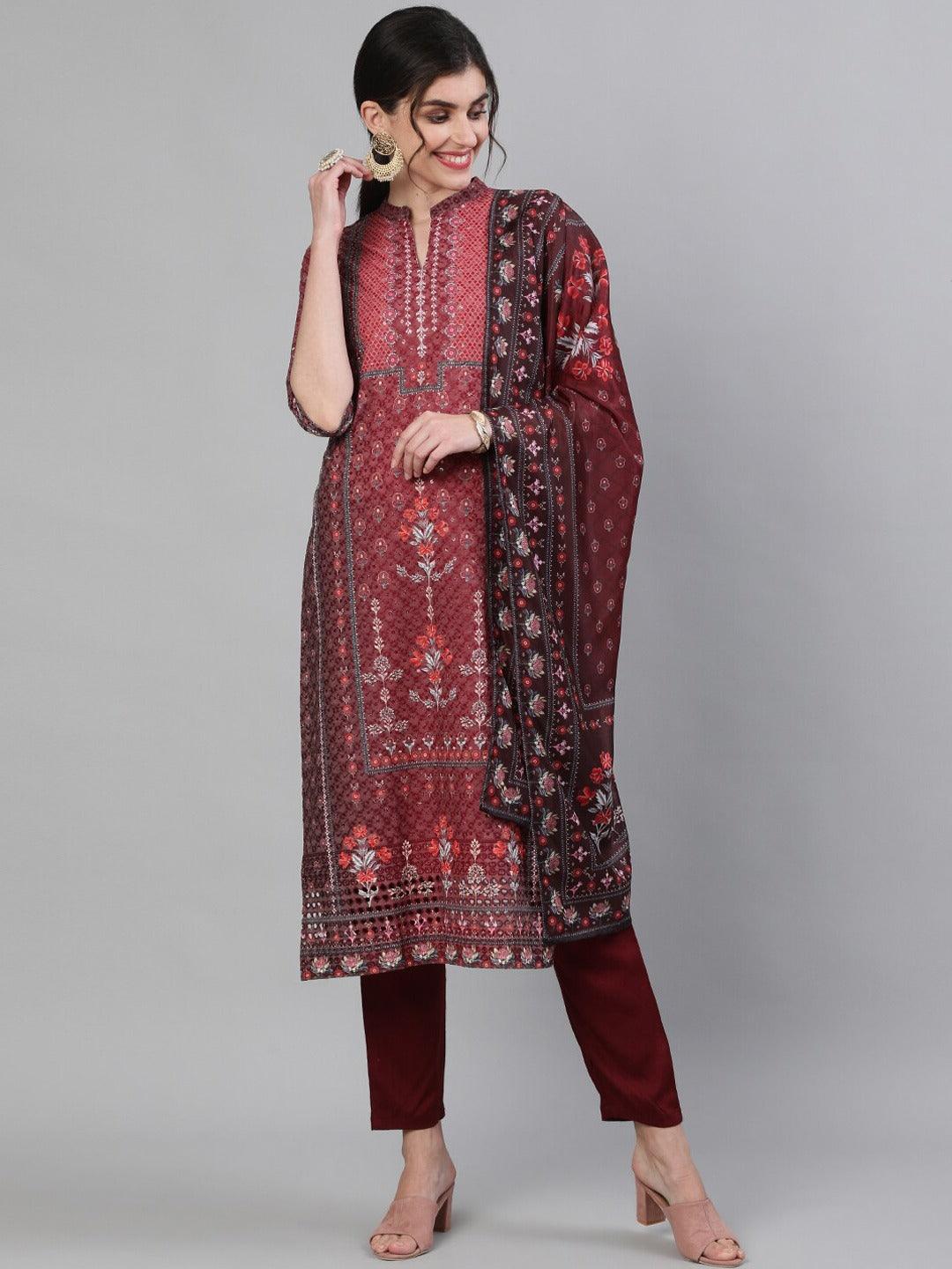 Women's Cotton Maroon Schiffli Embroidered A-Line Kurta, Trouser And Dupatta Set - Ishin - Indiakreations