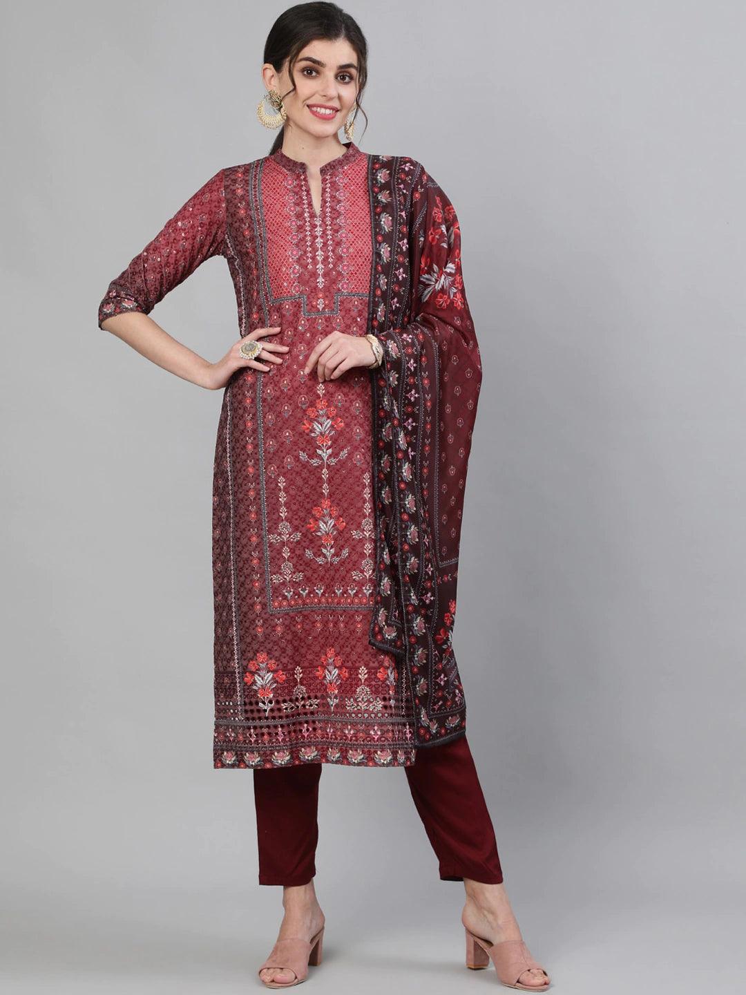 Women's Cotton Maroon Schiffli Embroidered A-Line Kurta, Trouser And Dupatta Set - Ishin - Indiakreations