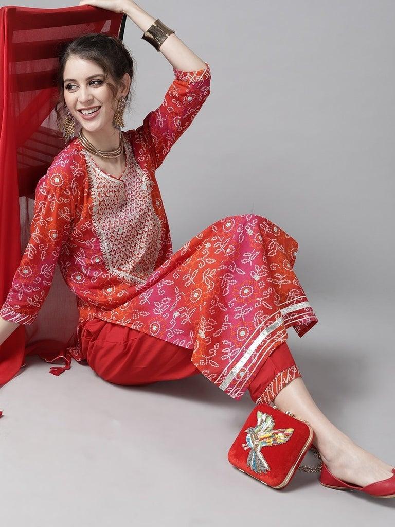 Women Multicolor Red Kurta with Palazzo & Dupatta by Ishin (3pcs Set) - Indiakreations