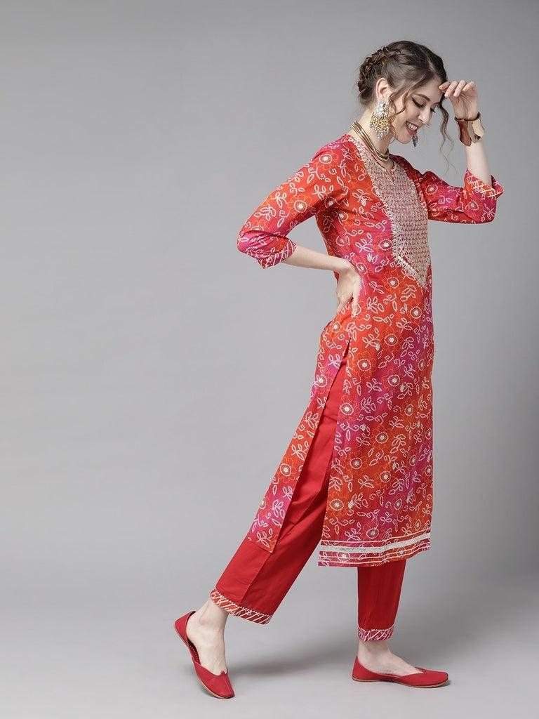 Women Multicolor Red Kurta with Palazzo & Dupatta by Ishin (3pcs Set) - Indiakreations