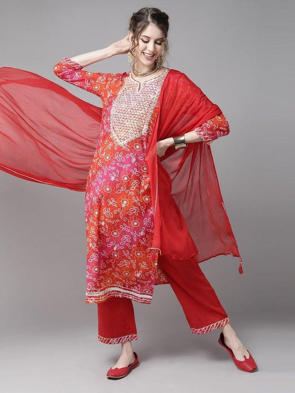 Women Multicolor Red Kurta with Palazzo & Dupatta by Ishin (3pcs Set) - Indiakreations