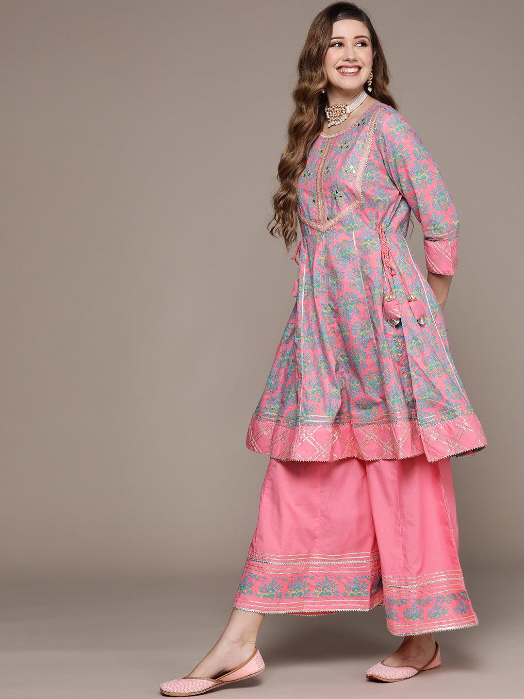 Women's Cotton Blend Pink Embroidered Peplum Kurta Sharara Dupatta Set - Ishin - Indiakreations