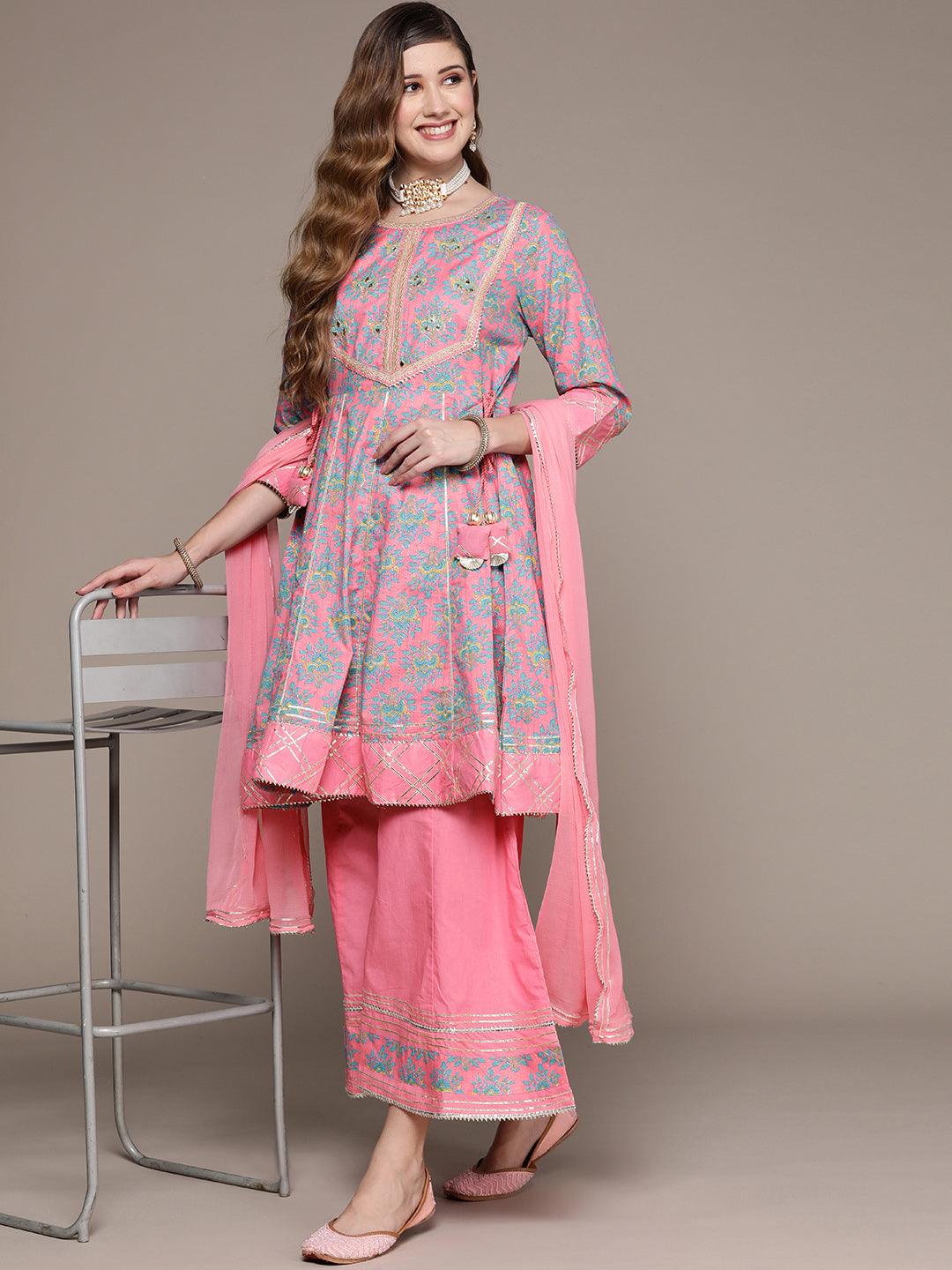 Women's Cotton Blend Pink Embroidered Peplum Kurta Sharara Dupatta Set - Ishin - Indiakreations