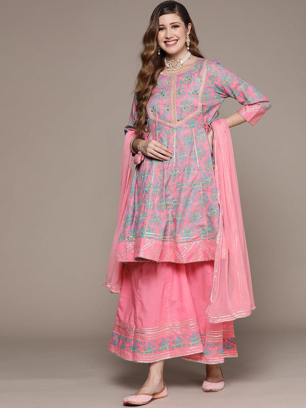 Women's Cotton Blend Pink Embroidered Peplum Kurta Sharara Dupatta Set - Ishin - Indiakreations