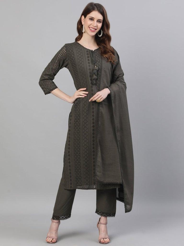 Women's Cotton Olive schiffli Embroidered A-Line Kurta Trouser Dupatta Set - Ishin - Indiakreations