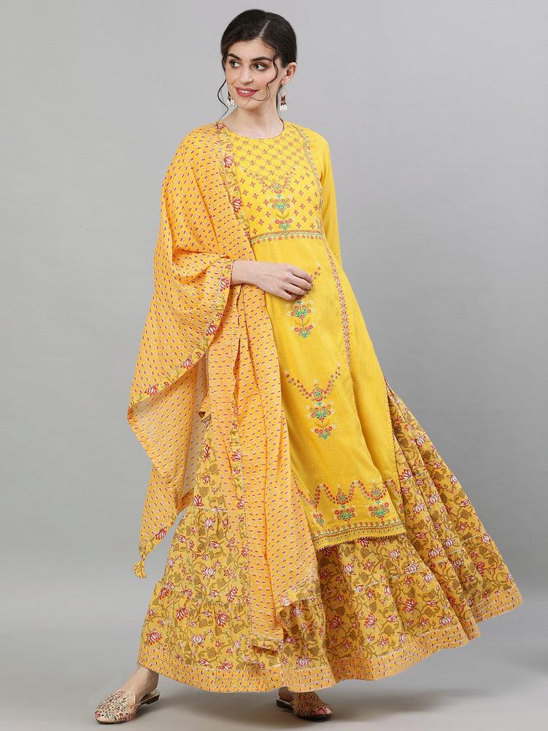 Women's Rayon Yellow Embroidered Straight Kurta Skirt Dupatta Set - Ishin - Indiakreations