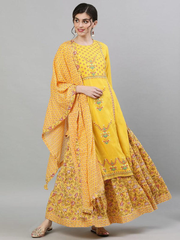 Women's Rayon Yellow Embroidered Straight Kurta Skirt Dupatta Set - Ishin - Indiakreations