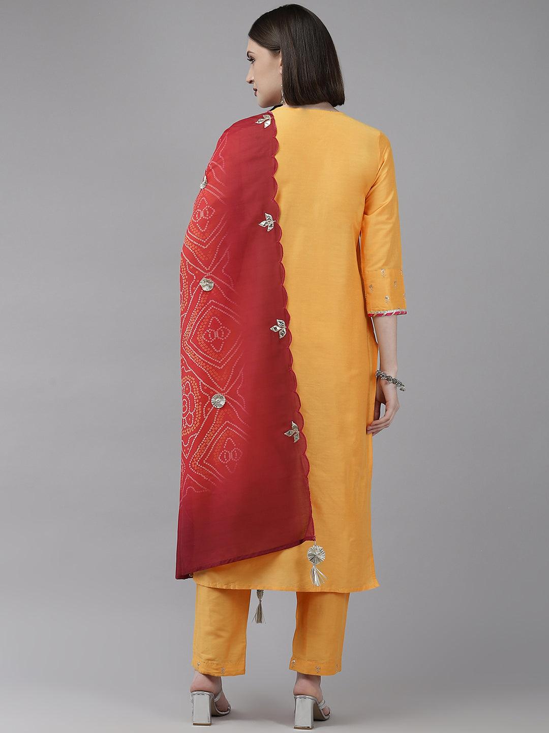 Women's Yellow Embroidered A-Line Kurta With Trouser & Dupatta - Ishin - Indiakreations