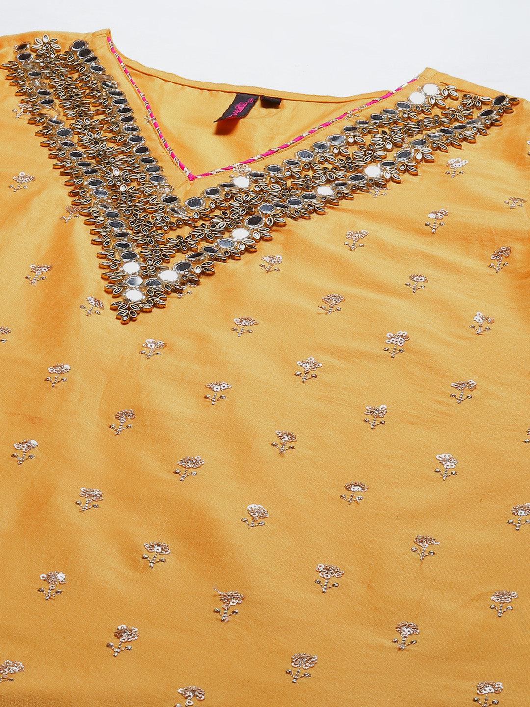 Women's Yellow Embroidered A-Line Kurta With Trouser & Dupatta - Ishin - Indiakreations