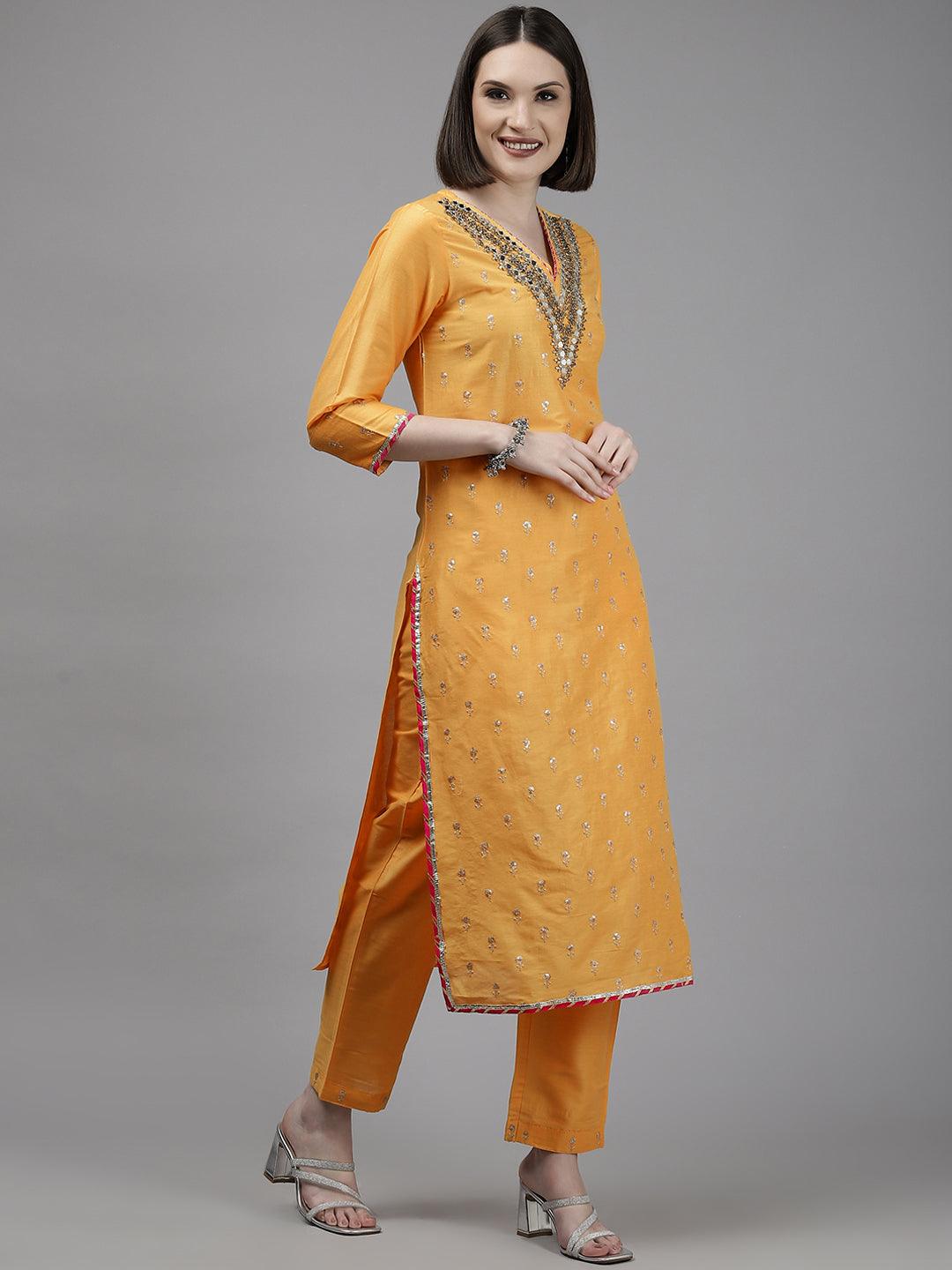 Women's Yellow Embroidered A-Line Kurta With Trouser & Dupatta - Ishin - Indiakreations