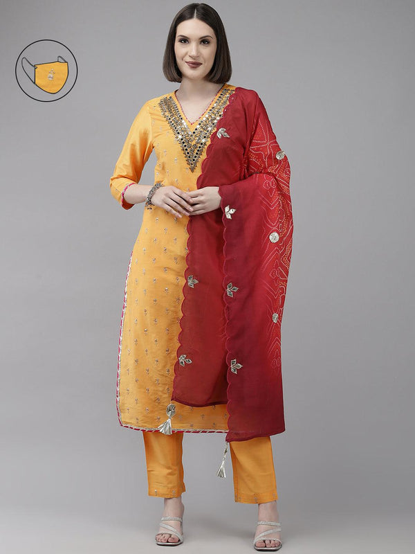 Women's Yellow Embroidered A-Line Kurta With Trouser & Dupatta - Ishin - Indiakreations