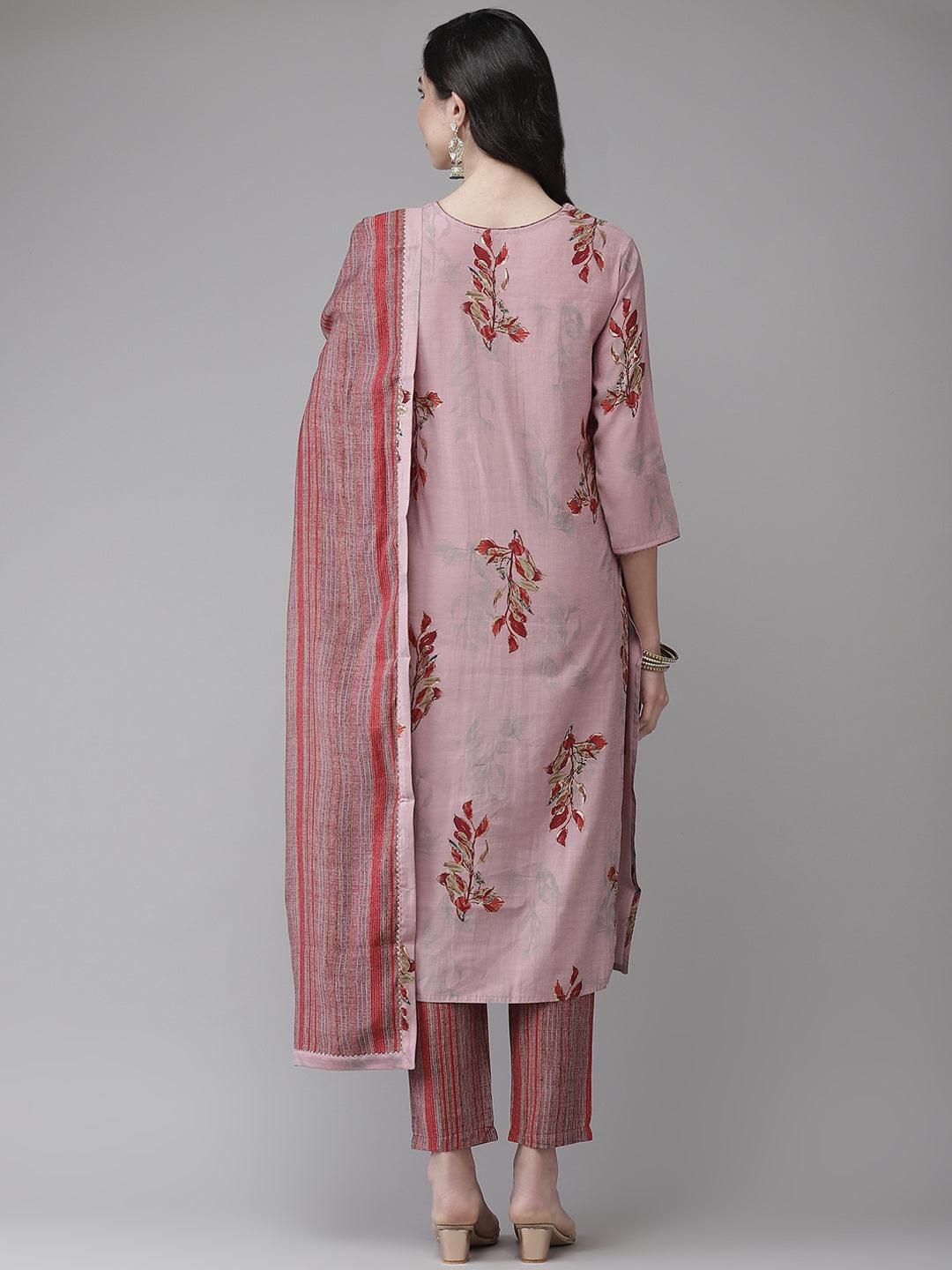 Women's Pink Kurta and Pants with Dupatta Set by Ishin- (3pcs set) - Indiakreations