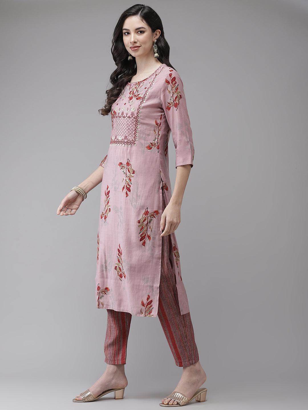 Women's Pink Kurta and Pants with Dupatta Set by Ishin- (3pcs set) - Indiakreations