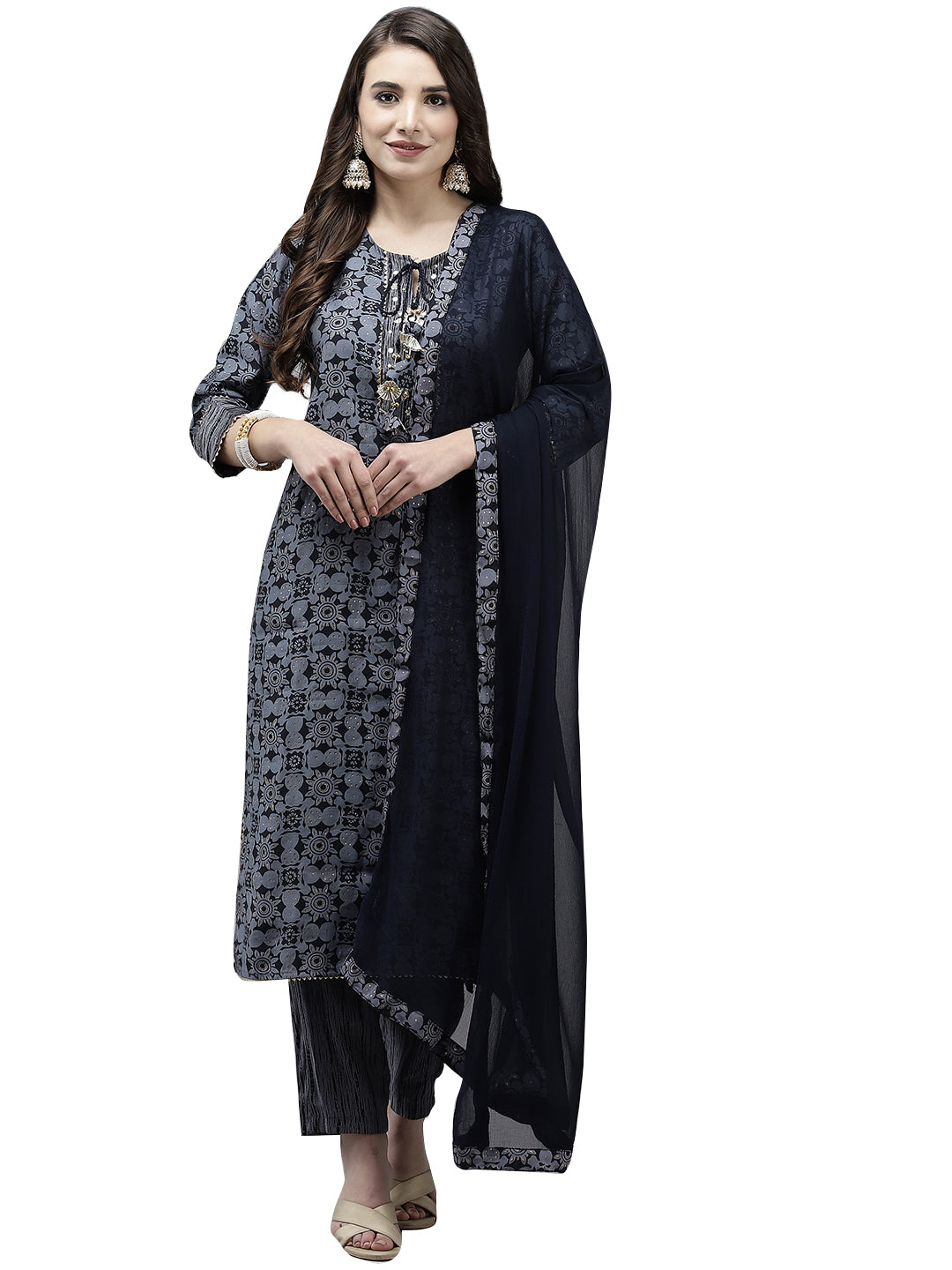 Women's Navy Blue Embroidered A-Line Kurta With Trouser & Dupatta - Ishin