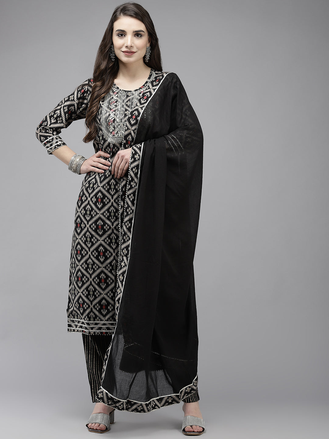 Women's Silk Blend Black Yoke Embroidered A-Line Kurta Trouser Dupatta Set - Ishin