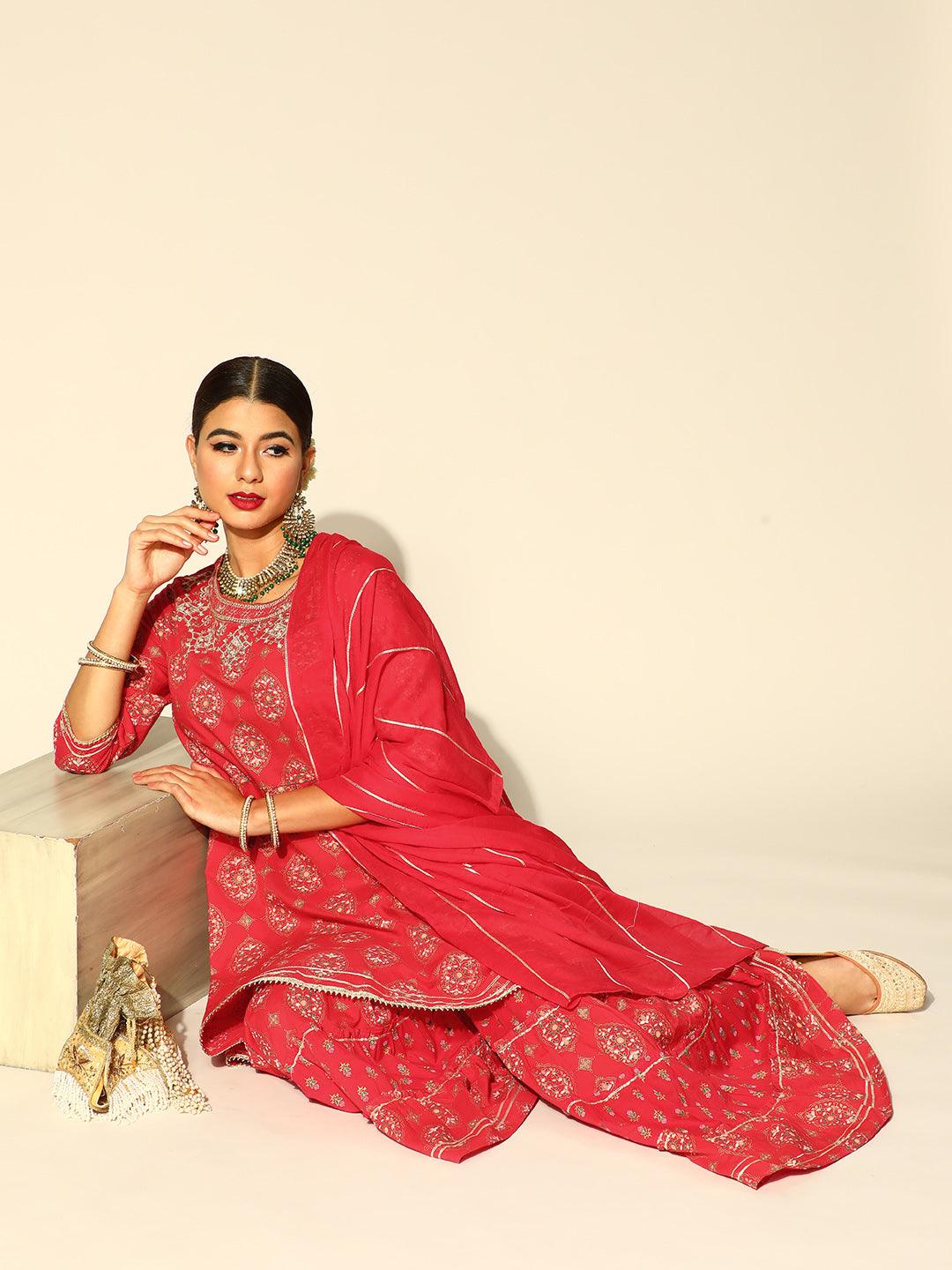 Women's Red Anarkali Suit with Sharara & Dupatta Set by Ishin- (3pcs set) - Indiakreations