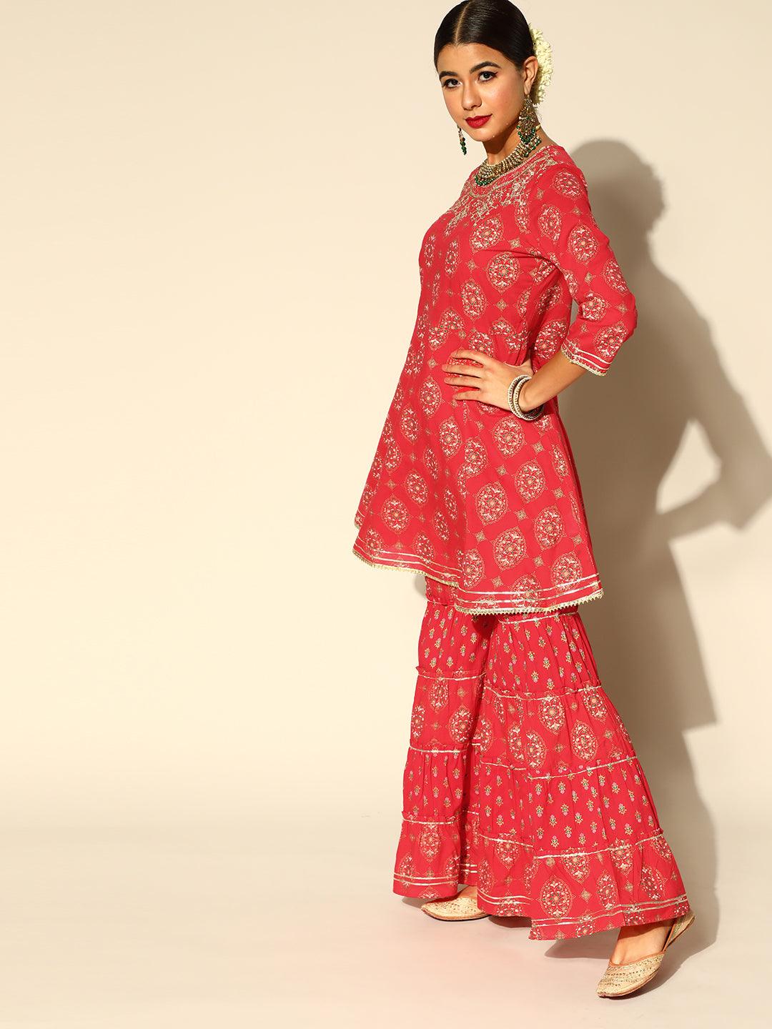 Women's Red Anarkali Suit with Sharara & Dupatta Set by Ishin- (3pcs set) - Indiakreations