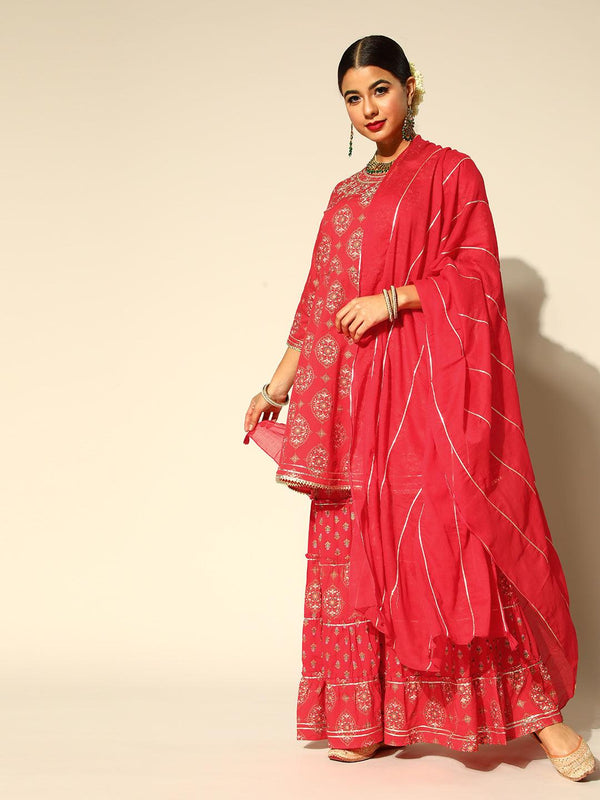 Women's Red Anarkali Suit with Sharara & Dupatta Set by Ishin- (3pcs set) - Indiakreations