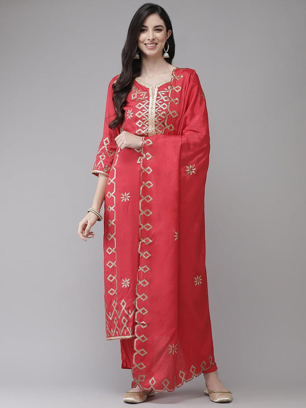 Women's Silk Blend Red Embroidered Straight Kurta Trouser Dupatta Set - Ishin - Indiakreations