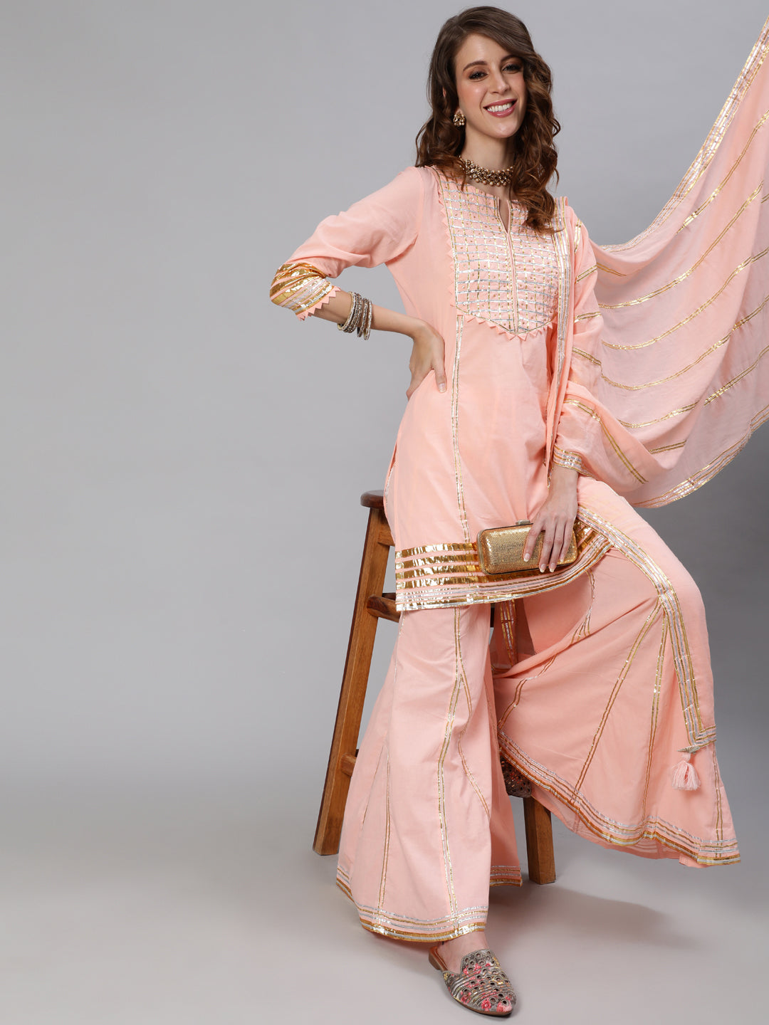 Women's Peach Embroidered Short Straight Kurta With Sharara & Dupatta  - Ishin