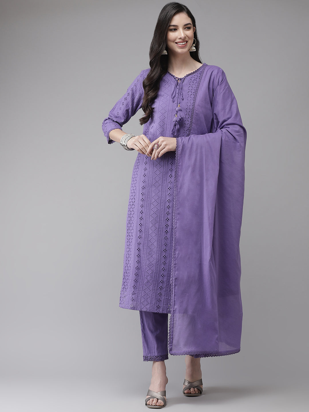 Women's Cotton Purple Schiffli Embroidered A-Line Kurta Trouser Dupatta Set - Ishin