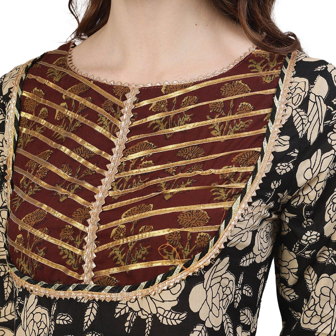 Women's Cotton Black & Brown Embroidered Peplum Kurta Sharara Dupatta Set - Ishin - Indiakreations