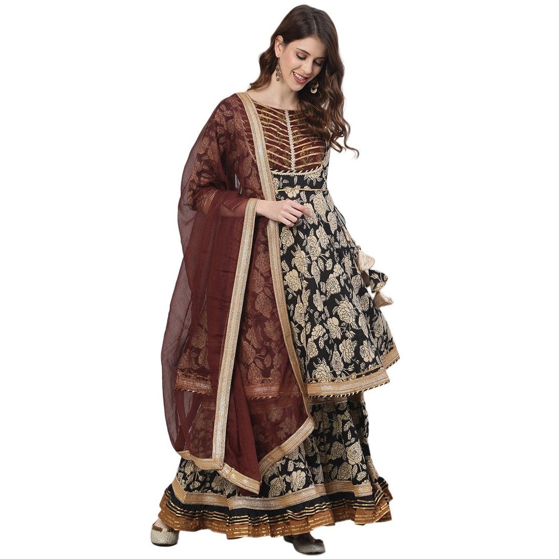 Women's Cotton Black & Brown Embroidered Peplum Kurta Sharara Dupatta Set - Ishin - Indiakreations