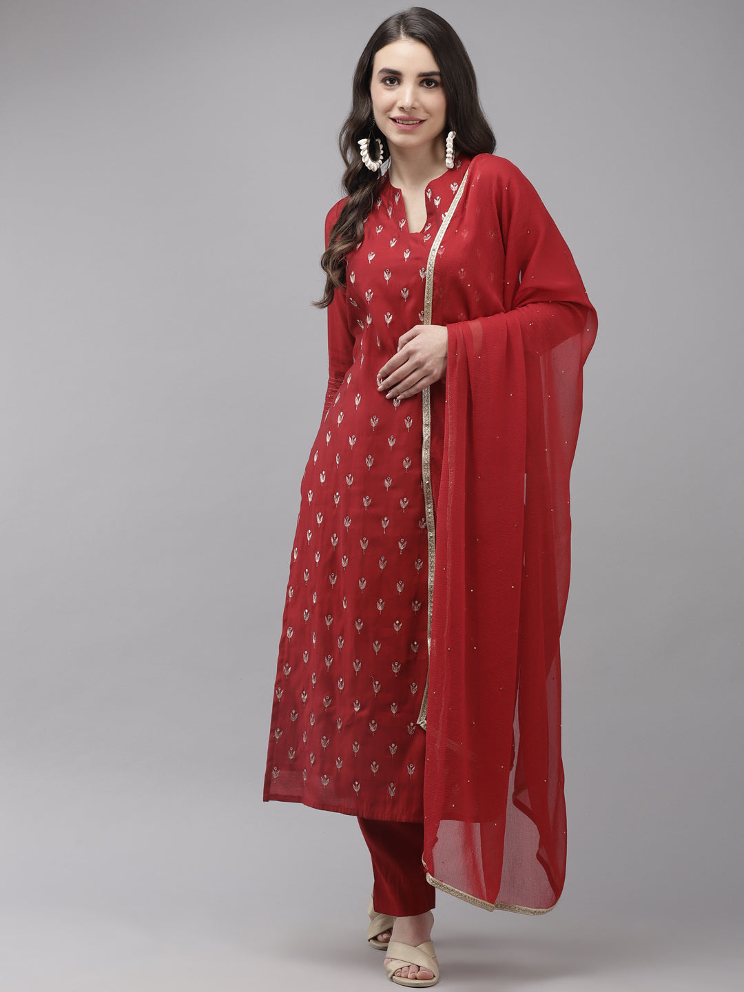 Women's Silk Blend Red Embroidered A-Line Kurta Trouser Dupatta Set - Ishin