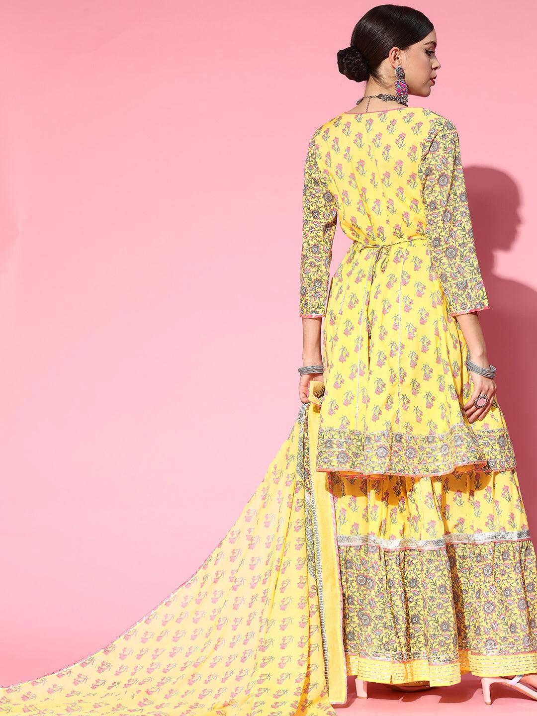 Women's Yellow Anarkali Kurta with Sharara & Dupatta Set by Ishin- (3pcs set) - Indiakreations