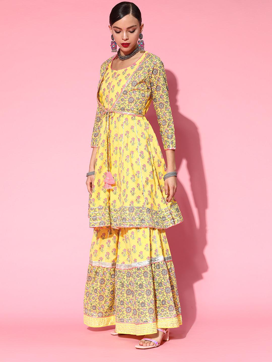 Women's Yellow Anarkali Kurta with Sharara & Dupatta Set by Ishin- (3pcs set) - Indiakreations