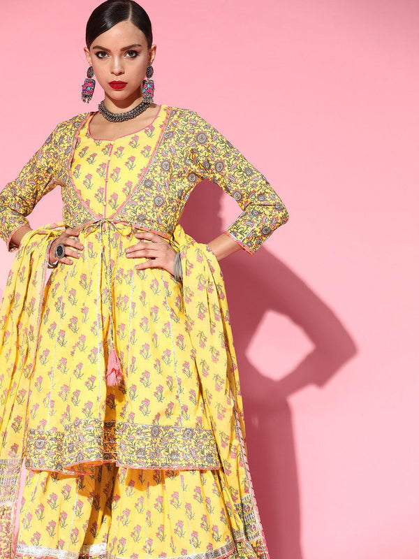 Women's Yellow Anarkali Kurta with Sharara & Dupatta Set by Ishin- (3pcs set) - Indiakreations