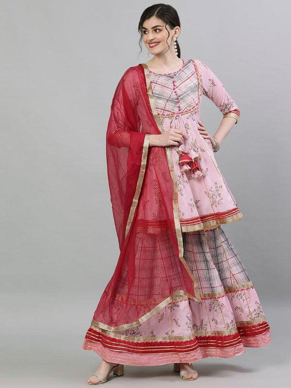 Women's Pink Kurta & Sharara with Dupatta Suit Set by Ishin- (3pcs set) - Indiakreations