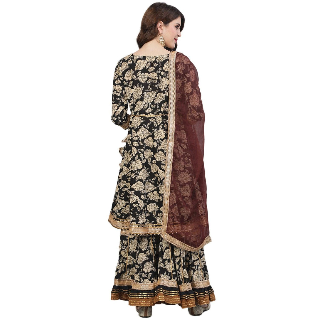 Women's Cotton Black & Brown Embroidered Peplum Kurta Sharara Dupatta Set - Ishin - Indiakreations