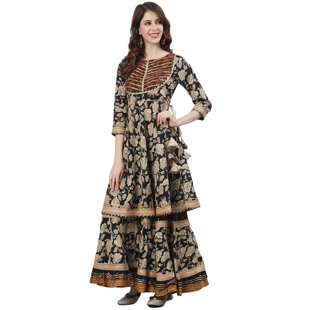 Women's Cotton Black & Brown Embroidered Peplum Kurta Sharara Dupatta Set - Ishin - Indiakreations