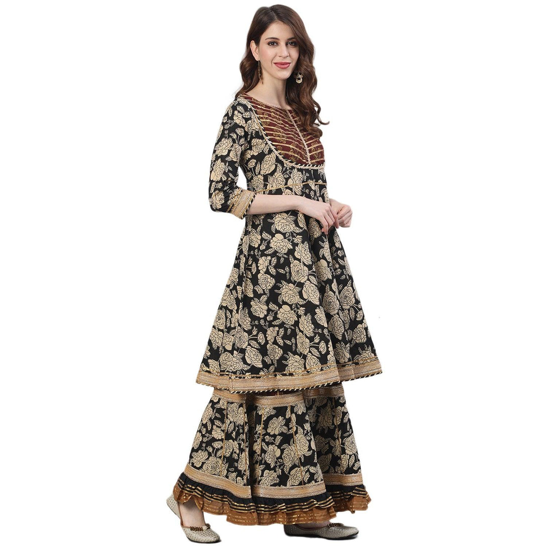 Women's Cotton Black & Brown Embroidered Peplum Kurta Sharara Dupatta Set - Ishin - Indiakreations