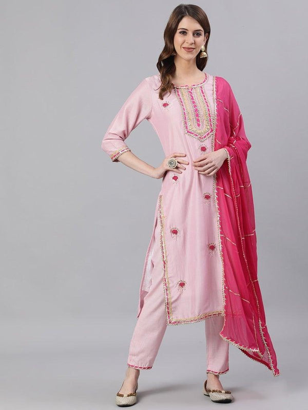 Women's Silk Pink Embroidered A-Line Kurta Trouser Dupatta Set - Ishin - Indiakreations