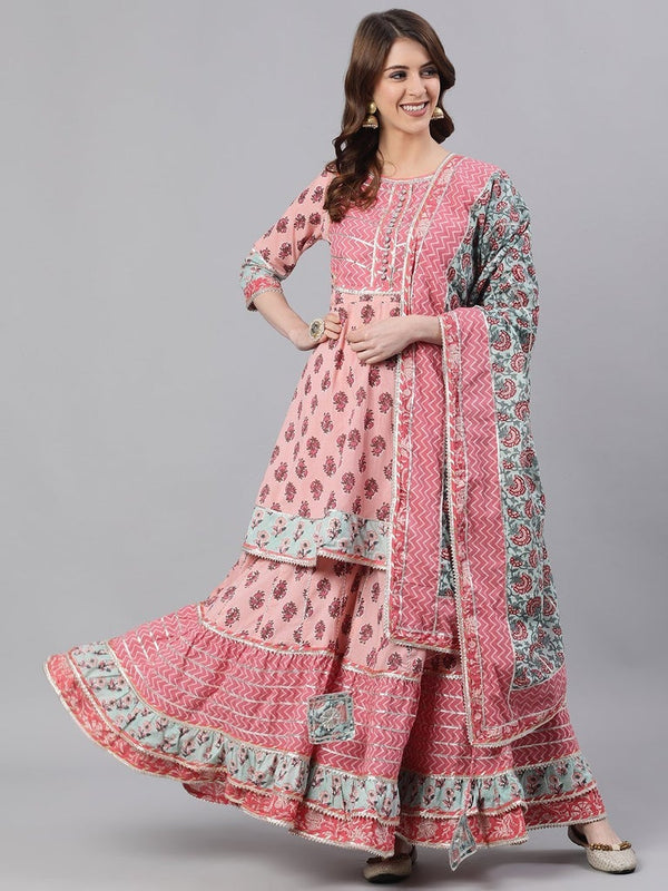 Women's Cotton Pink Embroidered Peplum Kurta Sharara Dupatta Set - Ishin