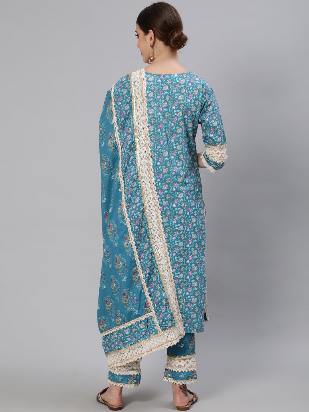 Women's Cotton Teal Blue Embroidered A-Line Kurta Trouser Dupatta Set - Ishin - Indiakreations