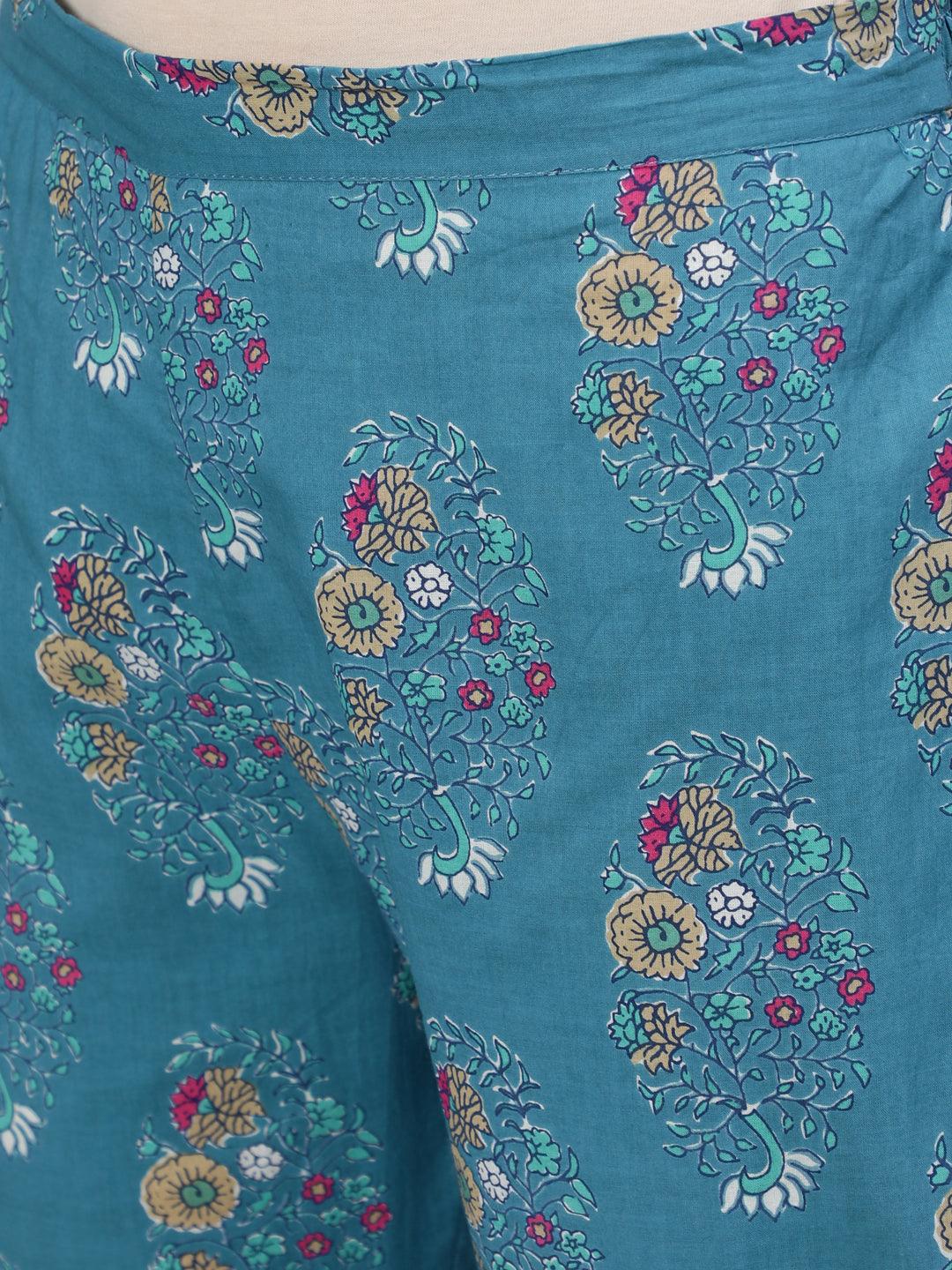 Women's Cotton Teal Blue Embroidered A-Line Kurta Trouser Dupatta Set - Ishin - Indiakreations